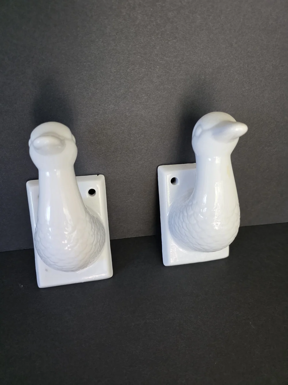 2- Vintage White Ceramic Duck Bird Wall Hooks - Decorative Home Accent